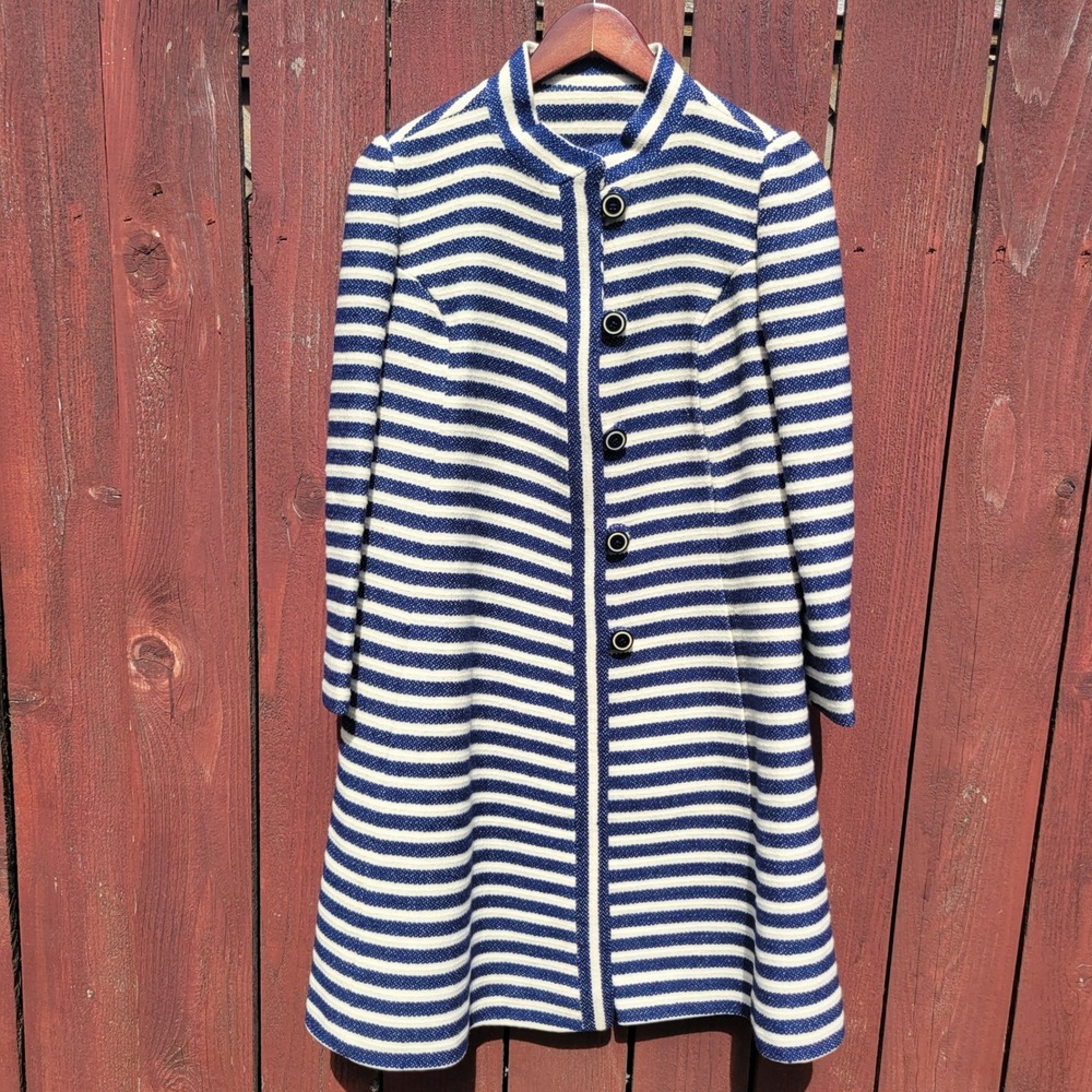 VTG Jackie Stuart Striped Mod Space Age Jackie O Wool Coat Navy Union Made USA